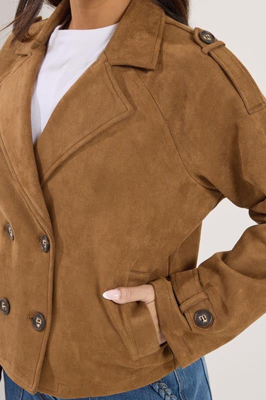 PixieGirl Petite Women's Brown Faux Suede Cropped Trench Coat | PixieGirl 5