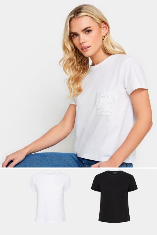 PixieGirl 2 PACK Petite Womens White & Black Crochet Pocket Short Sleeve T-Shirts | PixieGirl  1