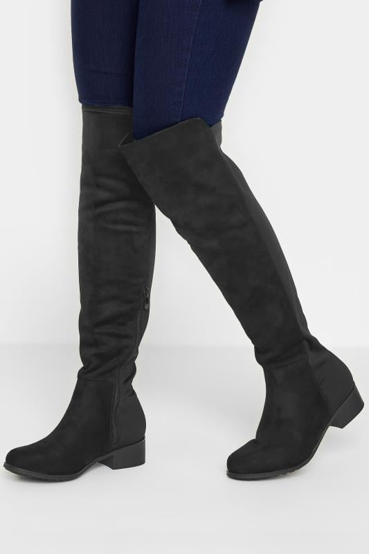 Petite  PixieGirl Black Stretch Faux Suede Over The Knee Boots In Standard D Fit