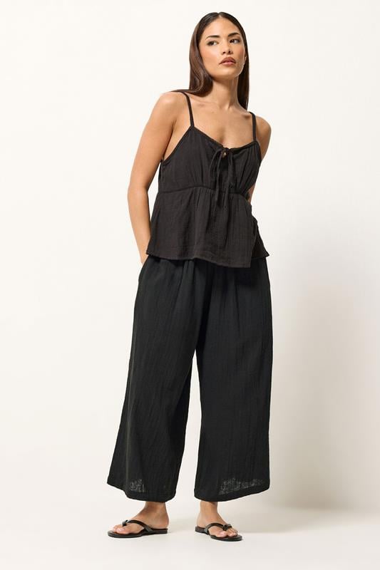  PixieGirl Petite Black Cotton Cheesecloth Cropped Wide Leg Trousers