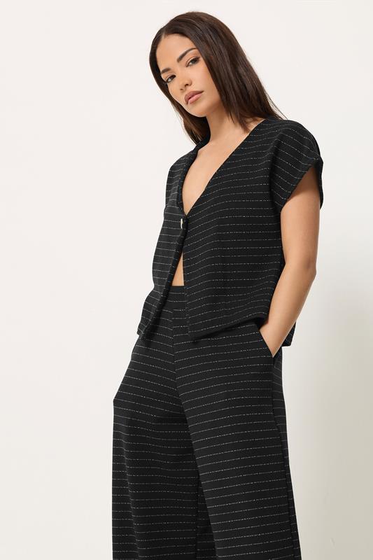 PixieGirl Petite Women's Set Black Striped Button Top & Wide Leg Trousers | PixieGirl 1