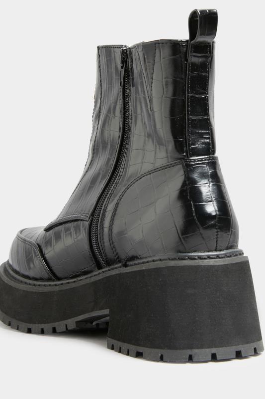 Black Croc Leather Look Zip Chunky Boots In Wide Fit | Yours Clothing 4