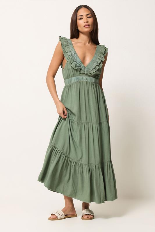 green petite dress PixieGirl Women's Sage Frill Maxi Perfect for sunny days Women's Petite Sage Green Seam