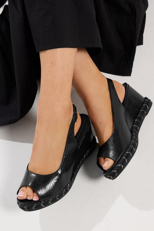 Black Faux Leather Snake Wedge Sandals In Wide E Fit