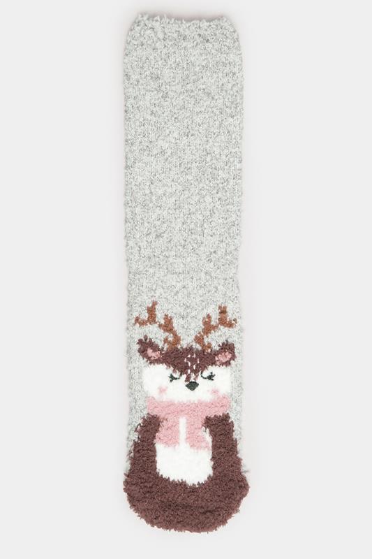 2 PACK Grey & Red Reindeer Fluffy Bed Socks | Yours Clothing 7