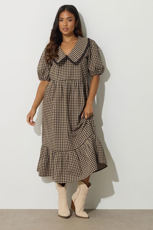 PixieGirl Petite Women's Brown Gingham Big Collar Maxi Dress | PixieGirl 2