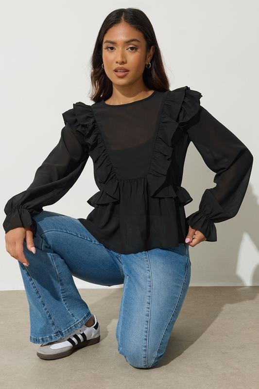 PixieGirl Petite Women's Black Frill Shoulder Chiffon Blouse | PixieGirl 2