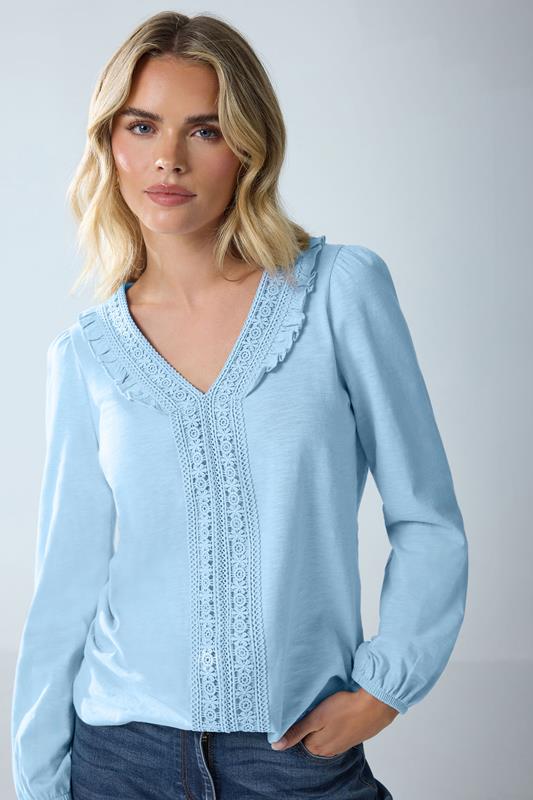 M&Co Petite Blue Frill Detail Cotton Blouse