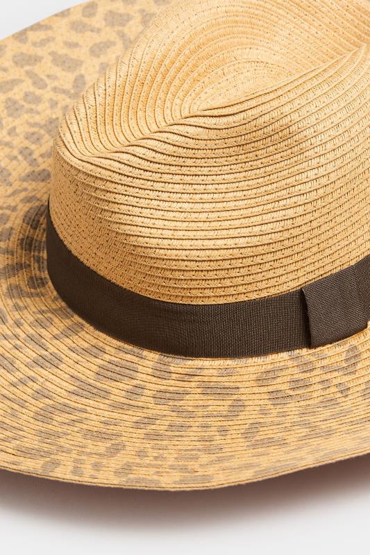 Brown Leopard Print Wide Brim Straw Hat | Yours Clothing 3