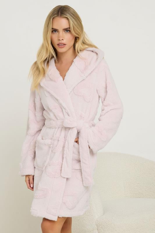 PixieGirl Petite Women's Pink Heart Embossed Short Hooded Dressing Gown | PixieGirl 1