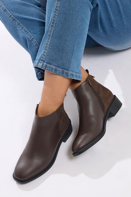 Plus Size  Yours Brown Faux  Leather Metal Trim Ankle Boots In Extra Wide EEE Fit