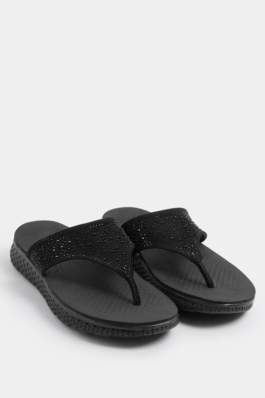  Yours Black Diamante T-Bar Sandals In Wide E Fit
