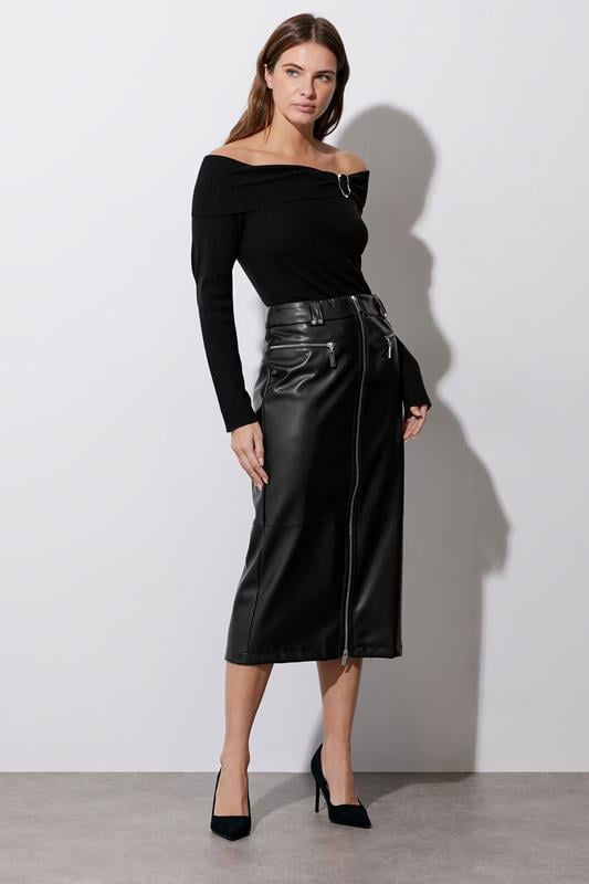 Women's  STAR Black Faux Leather Zip Detail Skirt
