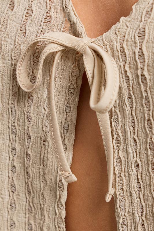PixieGirl Petite Women's Natural Brown Tie Front Crochet Top | PixieGirl 4