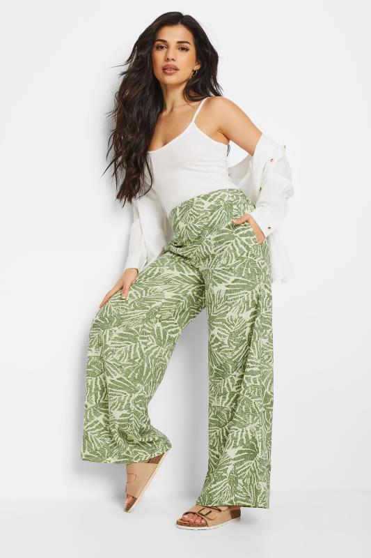 PixieGirl Petite Women's Green Leaf Print Wide Leg Linen Trousers | PixieGirl 1