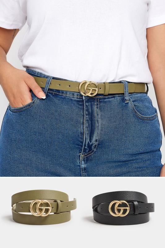 Plus Size  Yours 2 PACK Black & Khaki Green Gold Buckle Belts
