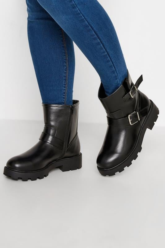 Plus Size  Yours Black Buckle Biker Boot In Wide E Fit & Extra Wide EEE Fit