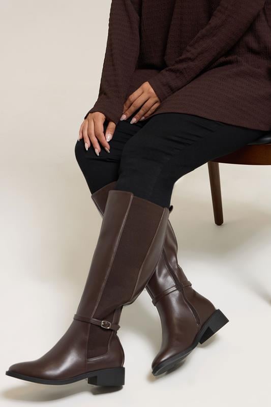 Plus Size  Yours Brown Faux Leather Buckle Knee High Riding Boots In Extra Wide EEE Fit