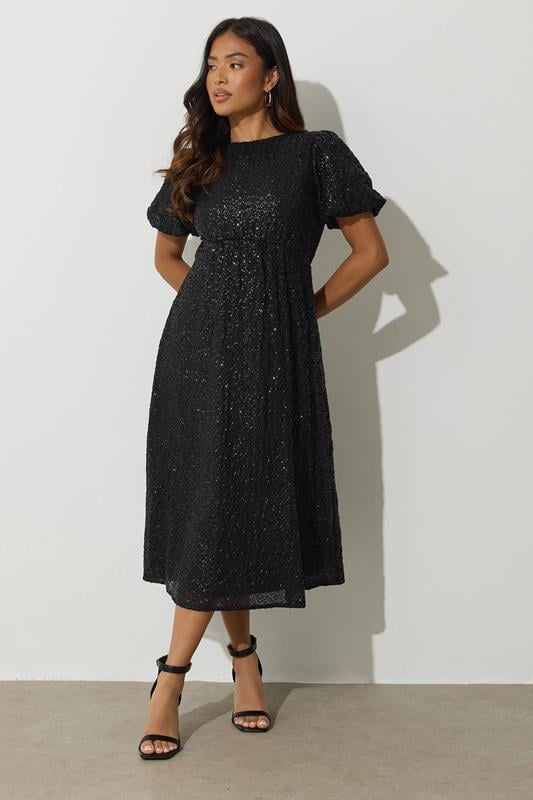 PixieGirl Petite Womens Black Sequin Tie Back Midi Dress | PixieGirl 1