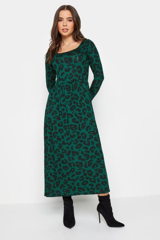 PixieGirl Petite Dark Green Leopard Print Long Sleeve Midi Dress | PixieGirl  2