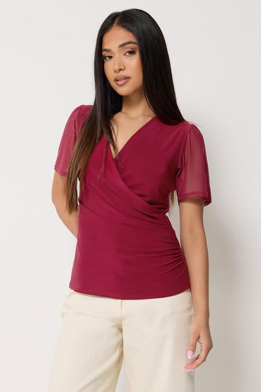 M&Co Petite Berry Red Mesh Wrap Top