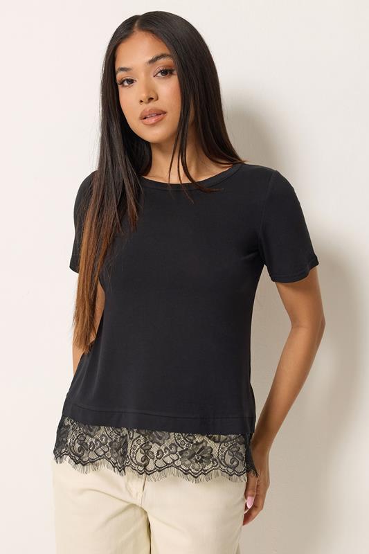 M&Co Petite Black Lace Hem T-Shirt | M&Co 1