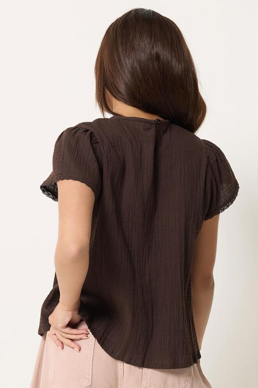 PixieGirl Petite Women's Chocolate Brown Crochet Crinkle Top | PixieGirl 2