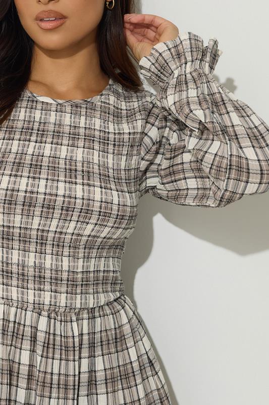 PixieGirl Petite Women's Brown Check Shirred Long Sleeve Midi Dress | PixieGirl 4