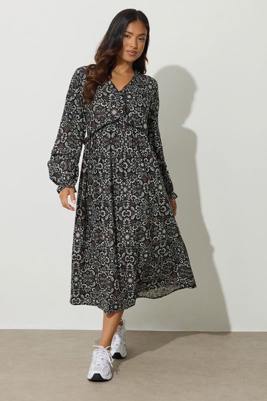 Petite  PixieGirl Petite Black & Brown Floral Midaxi Dress