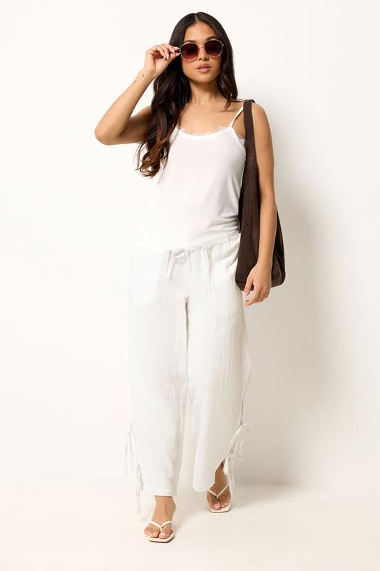  PixieGirl Petite White Tie Detail Cotton Cheesecloth Wide Leg Trousers