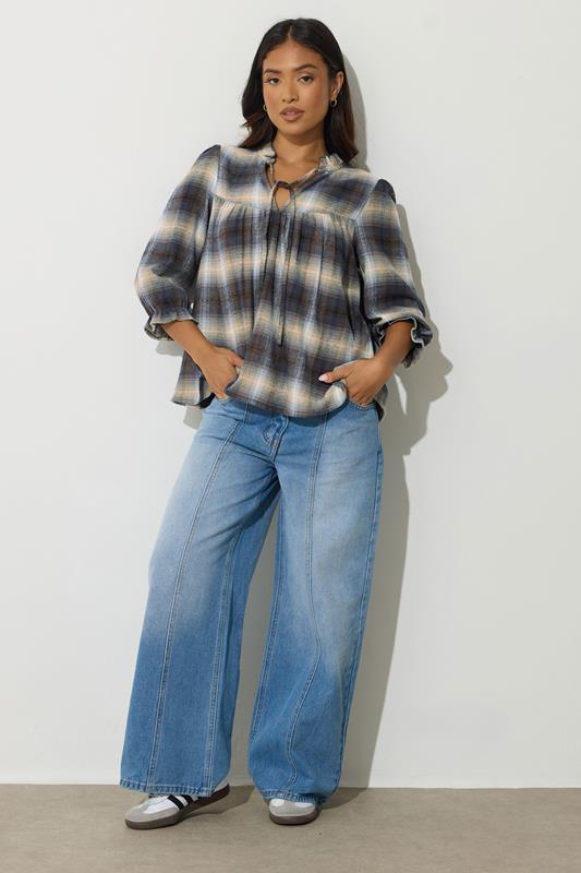PixieGirl Petite Women's Blue Brushed Check Tie Front Smock Top | PixieGirl 2