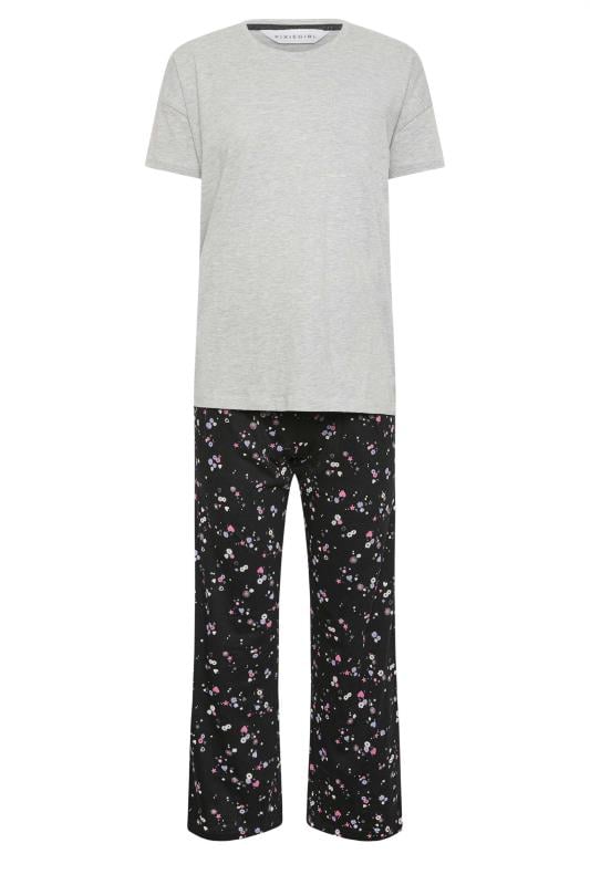 PixieGirl Petite Womens Grey Ditsy Floral Print Wide Leg Pyjama Set | PixieGirl 5