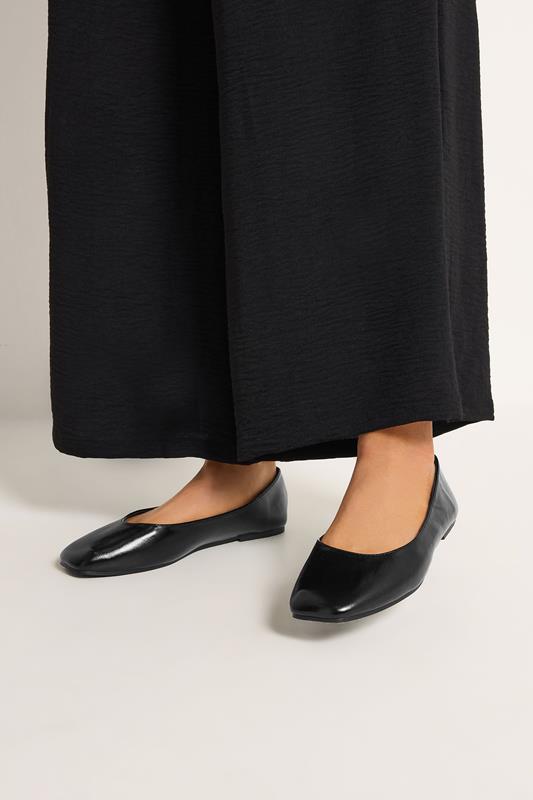  Yours Black Faux Leather Square Toe Ballet Pumps In Extra Wide EEE Fit