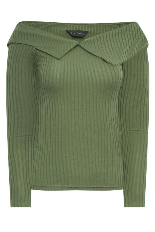 PixieGirl Petite Khaki Green Bardot Fold Over Ribbed Long Sleeve Top | PixieGirl  5