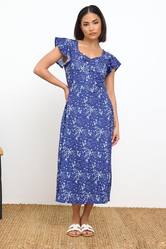 PixieGirl Petite Women's Dark Blue Ditsy Floral Print Midi Dress | PixieGirl 2