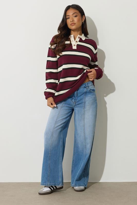 PixieGirl Petite Women's Burgundy Red Stripe Rugby Jumper | PixieGirl 3