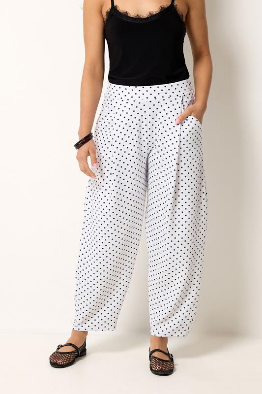 PixieGirl Petite Women's White Polka Dot Crinkle Barrel Leg Trousers | PixieGirl 5