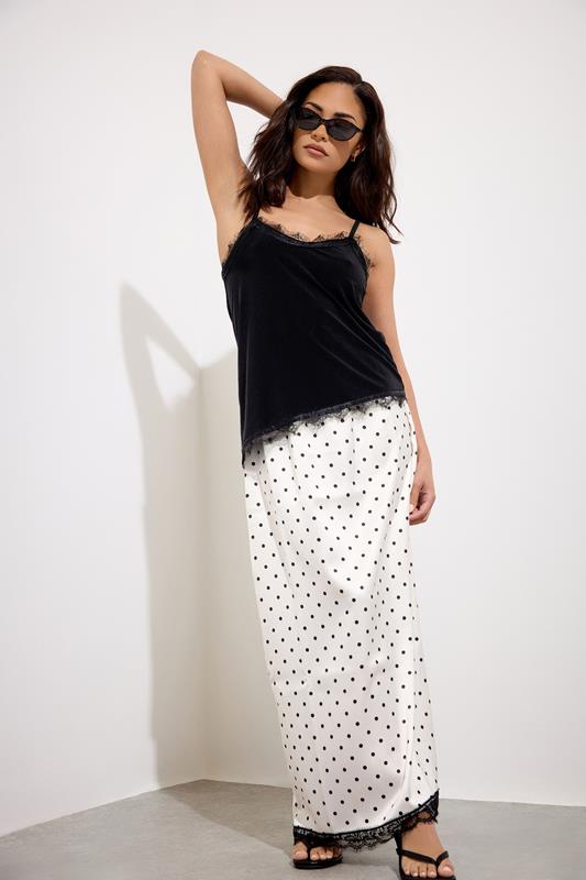  PixieGirl Petite White Polka Dot Satin Maxi Skirt