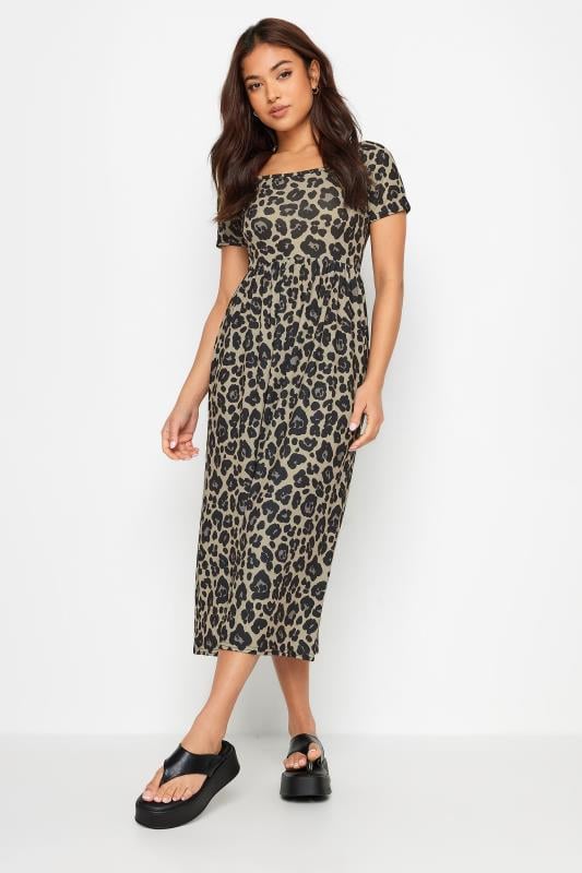 PixieGirl Petite Womens Beige Brown Leopard Print Midi Smock Dress | PixieGirl 1