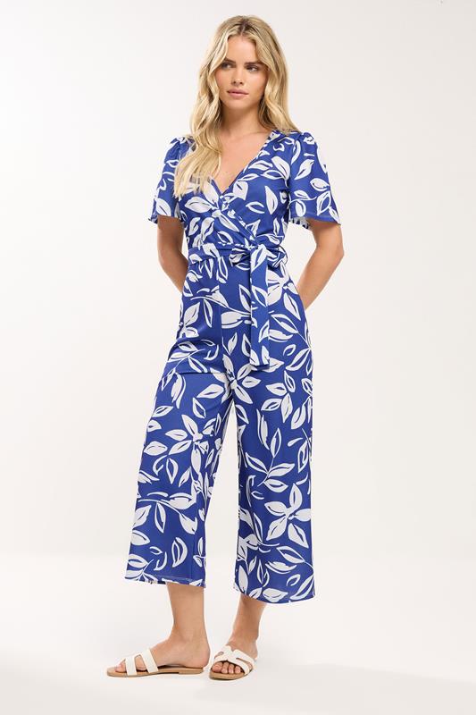 M&Co Petite Blue & White Leaf print Jumpsuit