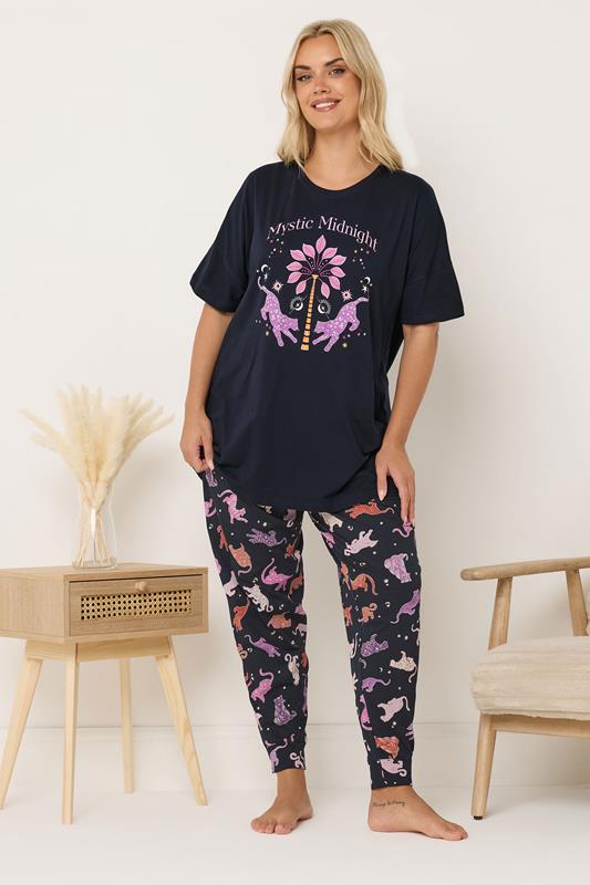 Plus Size  Yours Curve Navy Blue 'Mystic Midnight' Cuffed Pyjama Set