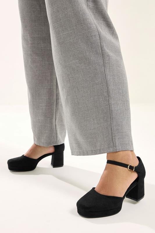 Black Faux Suede Platform Block Heels In Extra Wide EEE Fit
