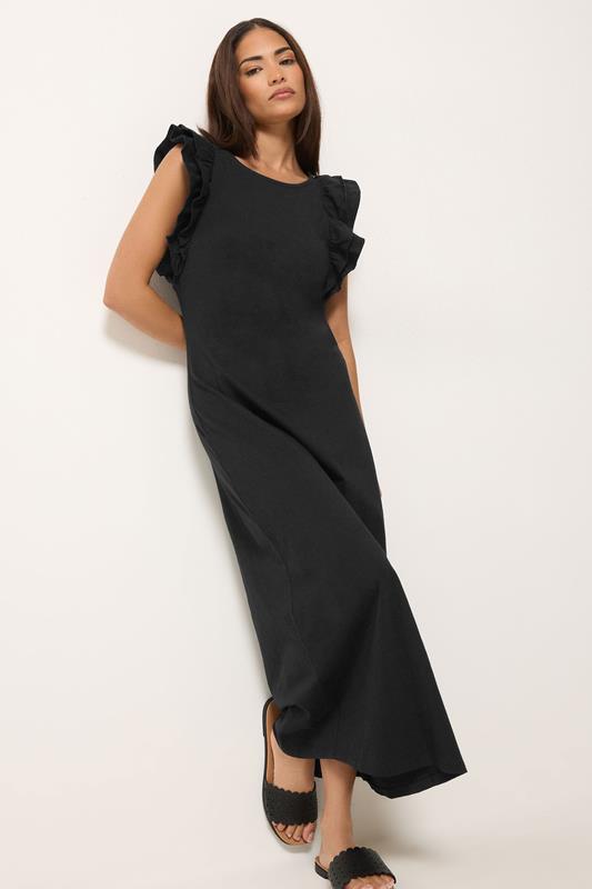 PixieGirl Petite Women's Black Frill Sleeve Cotton Maxi Dress | PixieGirl