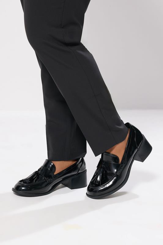 Plus Size  Yours Black Patent Heeled Tassel Loafers In Extra Wide EEE Fit