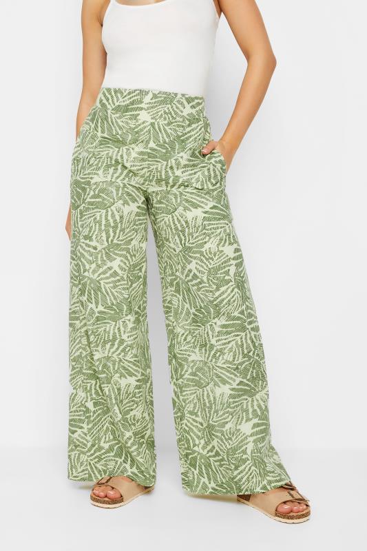 PixieGirl Petite Women's Green Leaf Print Wide Leg Linen Trousers | PixieGirl 2