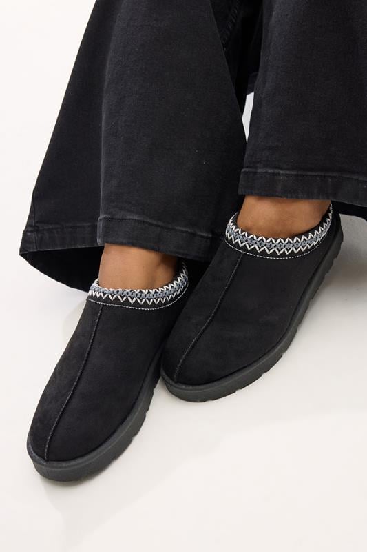 Plus Size  Yours Black Faux Suede Embroidered Mules In Standard Fit