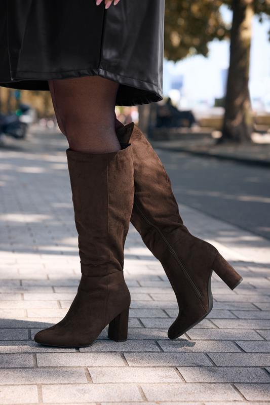 Plus Size  Yours Chocolate Brown Faux Suede Heeled Knee High Boot In Extra Wide EEE Fit