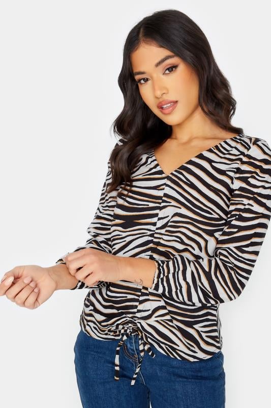 Petite Black Zebra Print Ruched Long Sleeve Top | PixieGirl 4