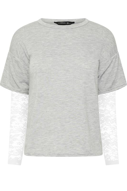 PixieGirl Petite Women's Grey & White Long Sleeve Lace T-Shirt | PixieGirl 5