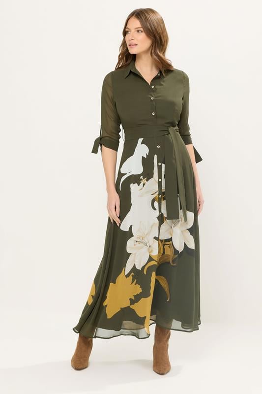 Women's  STAR Khaki Green Floral Shirt Dress